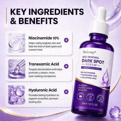 ✨ Rolimey® Age Renewal Dark Spot Serum — Infused with 10% Niacinamide, Tranexamic Acid & Hyaluronic Acid for Brighter, Smoother-Looking Mature Skin